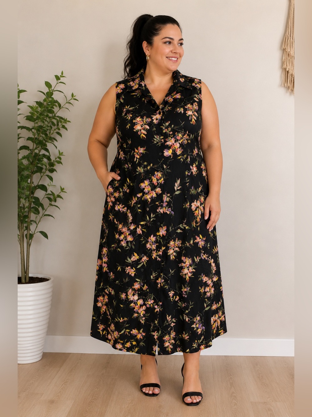 🌸 Studio I Black Floral Button-Front Midi Dress — Size 18